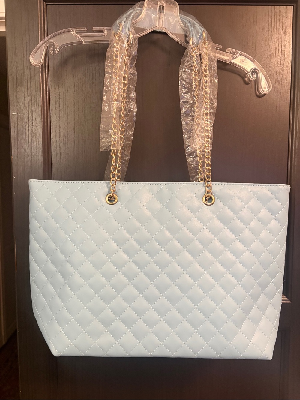 Badgley Mischka Light Blue Quilted Vegan Leather Gold Chain Tote NWT - Picture 2 of 12